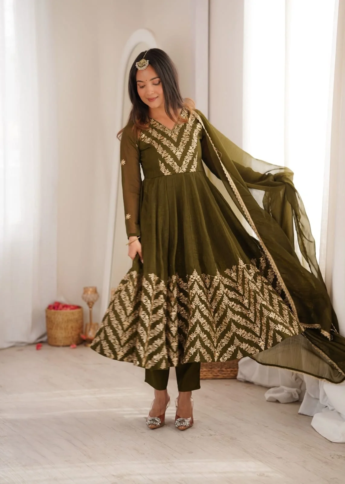 Crunchy Silk With Fully Flair With Anarkali Gown